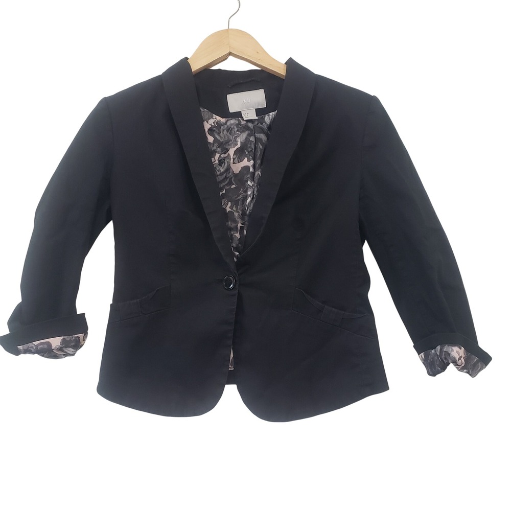 H&M Blazer Size 8 Black Floral 3/4 Sleeve Cotton Stretch Academia Chic Office